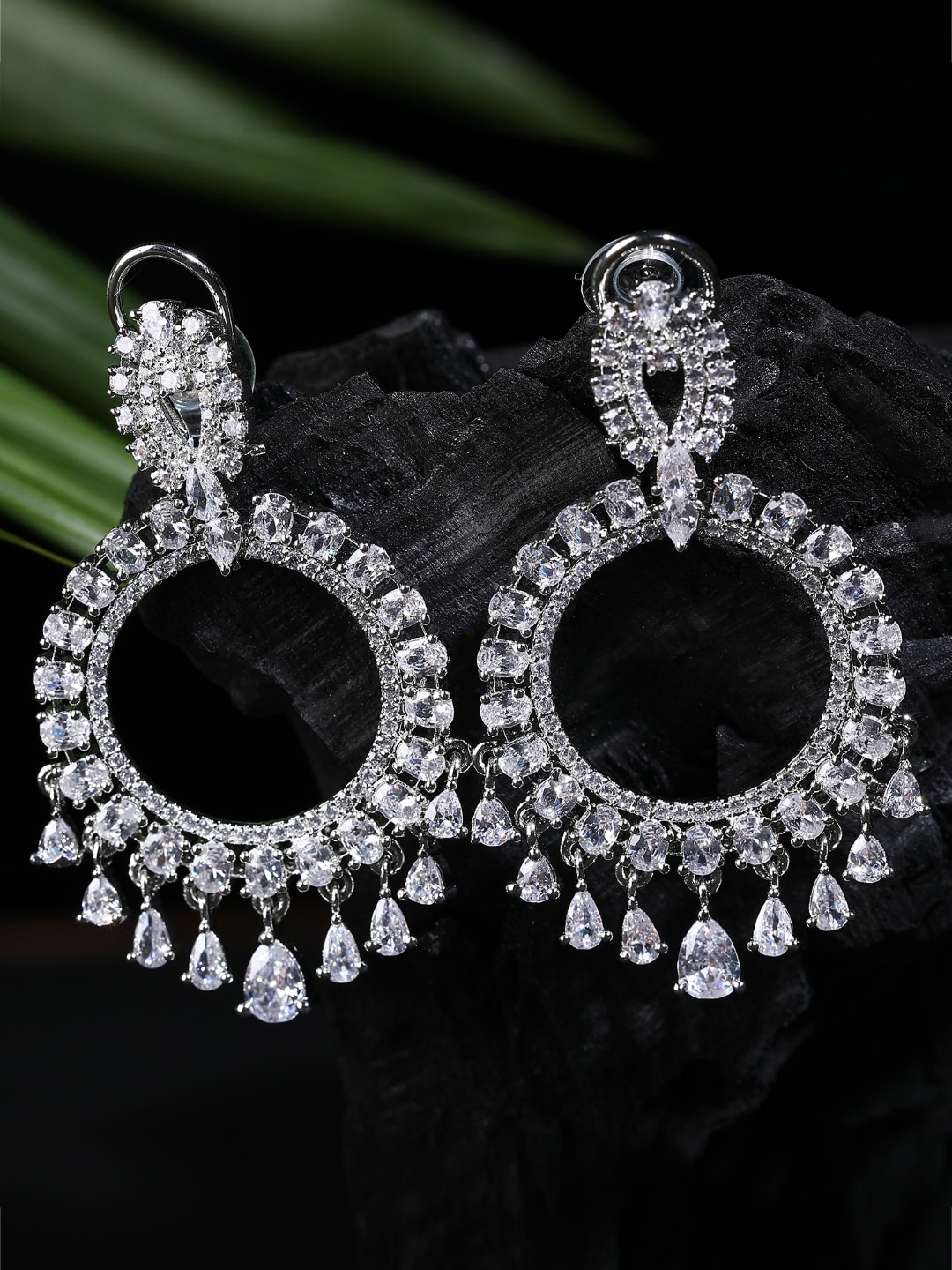 

AURAA TRENDS Rhodium-Plated American Diamond & Zircon Contemporary Drop Earrings, White