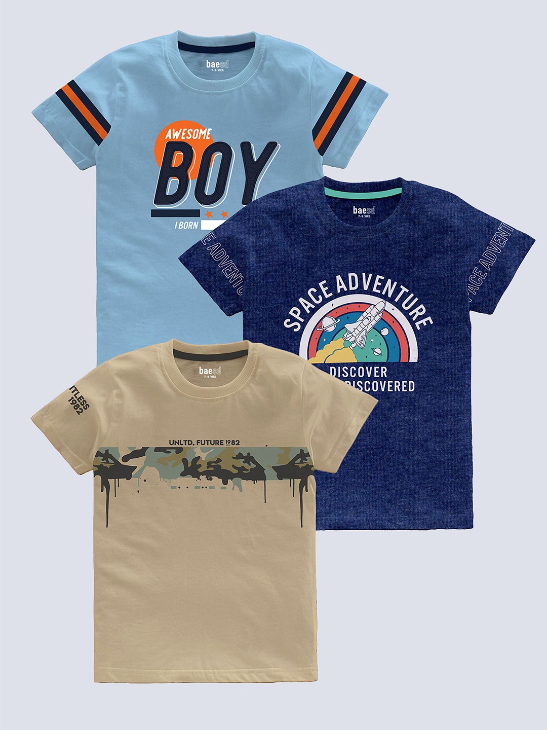 BAESD Boys Pack Of 3 Typography Printed Cotton T-Shirt, Blue