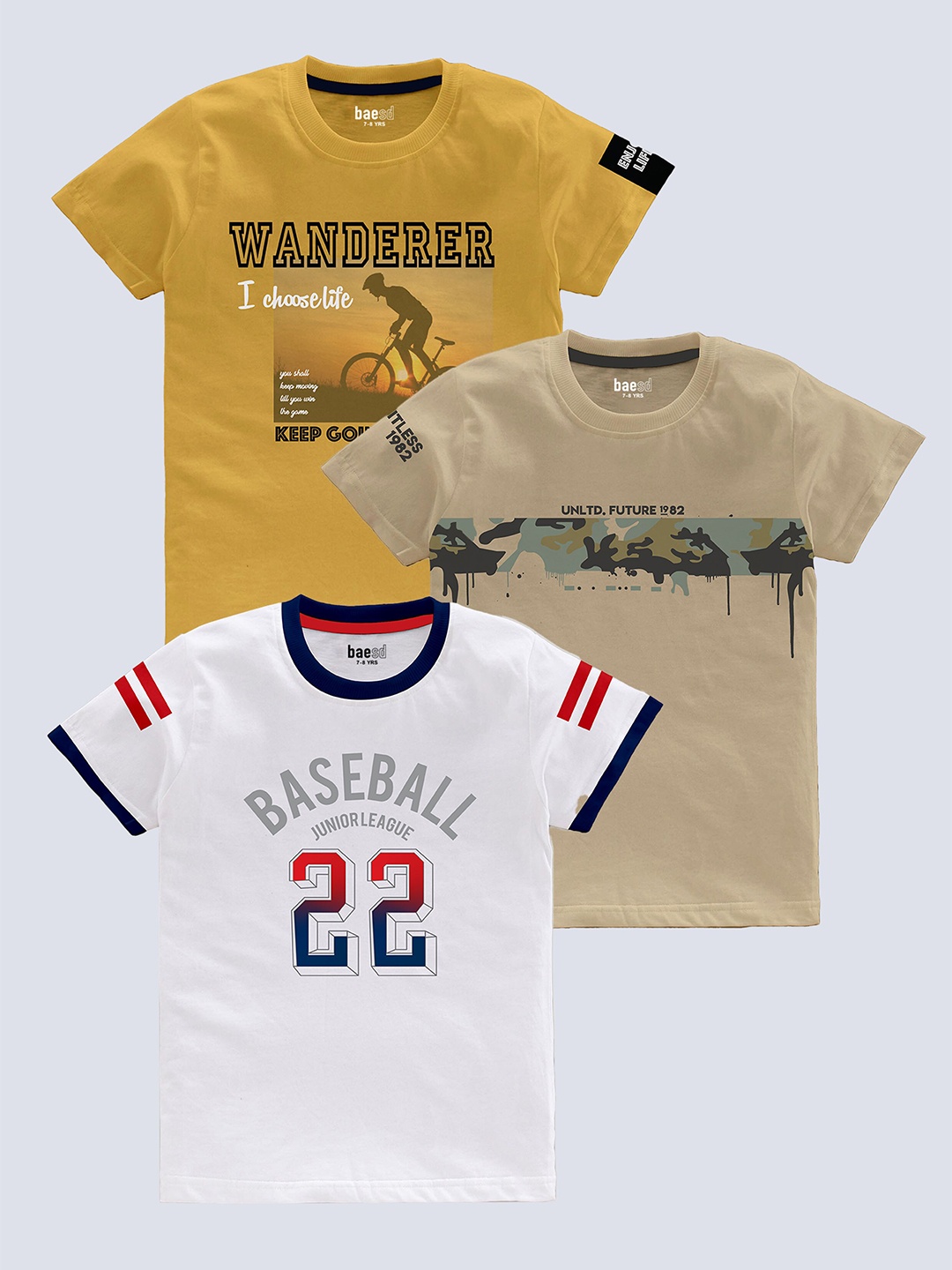 

BAESD Boys Pack Of 3 Graphic Printed Pure Cotton T-Shirt, Mustard