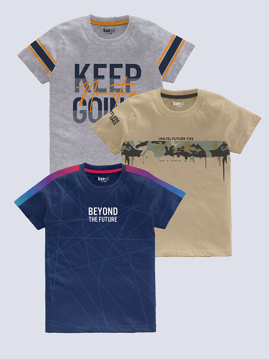 

BAESD Boys Pack Of 3 Typography Printed Pure Cotton T-shirt, Beige