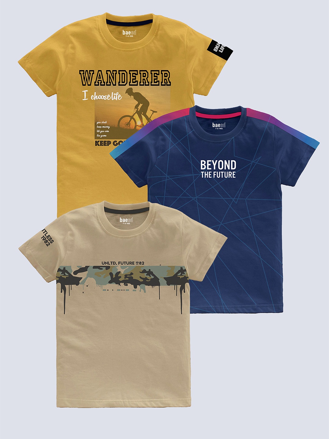 

BAESD Boys Pack Of 3 Typography Printed Pure Cotton T-shirt, Beige