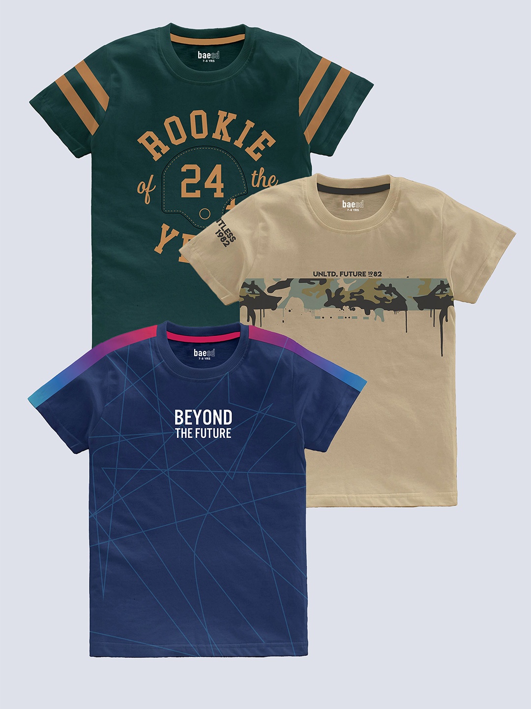 

BAESD Boys Pack Of 3 Typography Printed Pure Cotton T-shirt, Beige