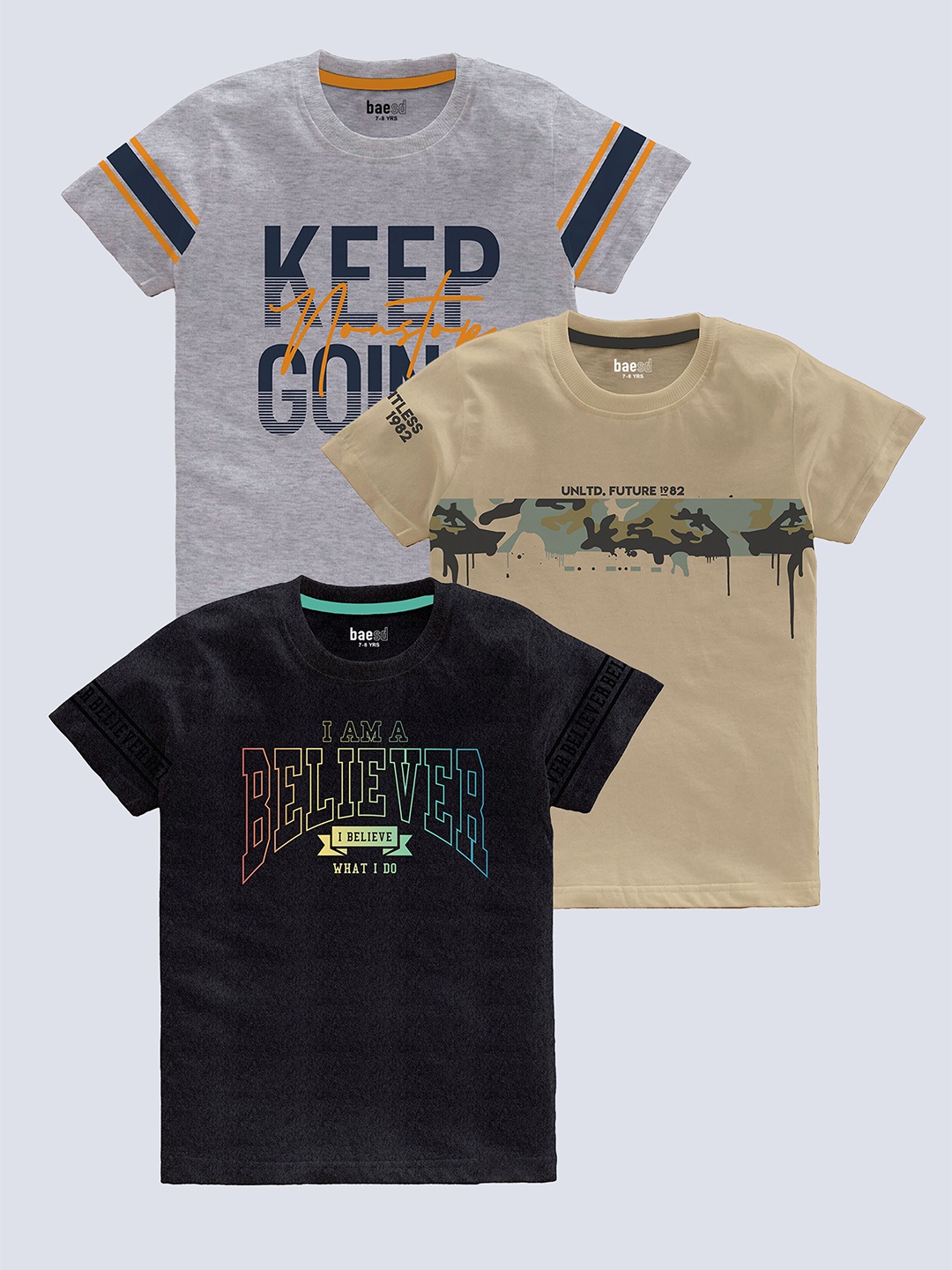 

BAESD Boys Pack Of 3 Typography Printed Pure Cotton Casual T-shirt, Beige