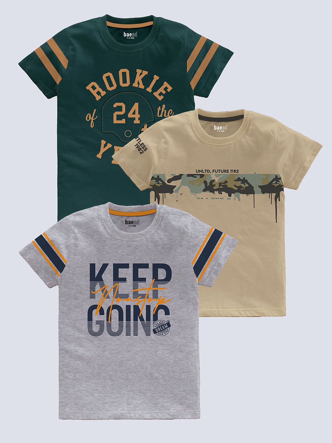 

BAESD Boys Pack Of 3 Typography Printed Pure Cotton T-shirt, Green
