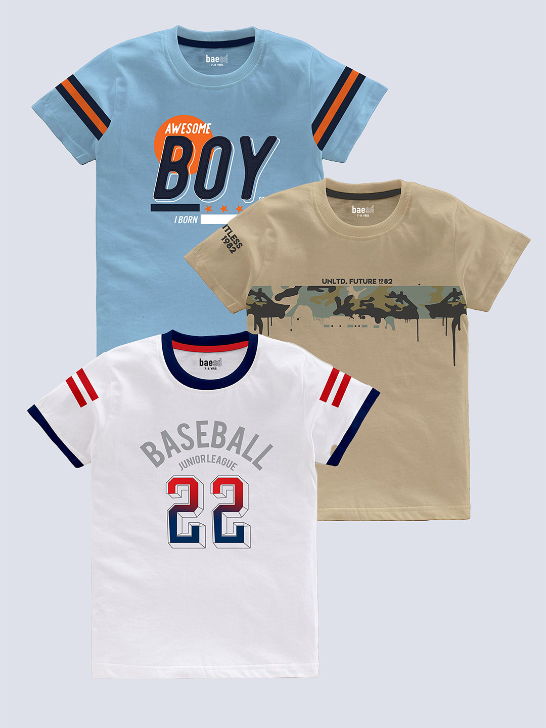 

BAESD Boys Pack Of 3 Printed Pure Cotton T-shirts, Blue