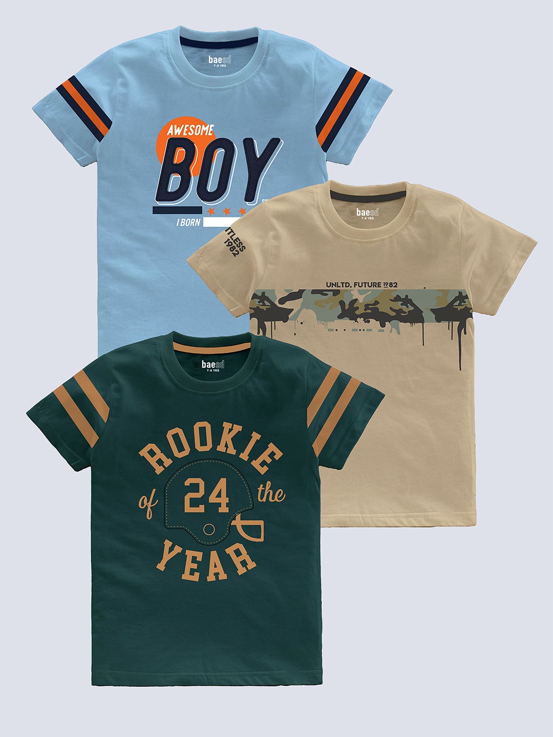 

BAESD Boys Pack Of 3 Typography Printed Pure Cotton T-shirt, Beige