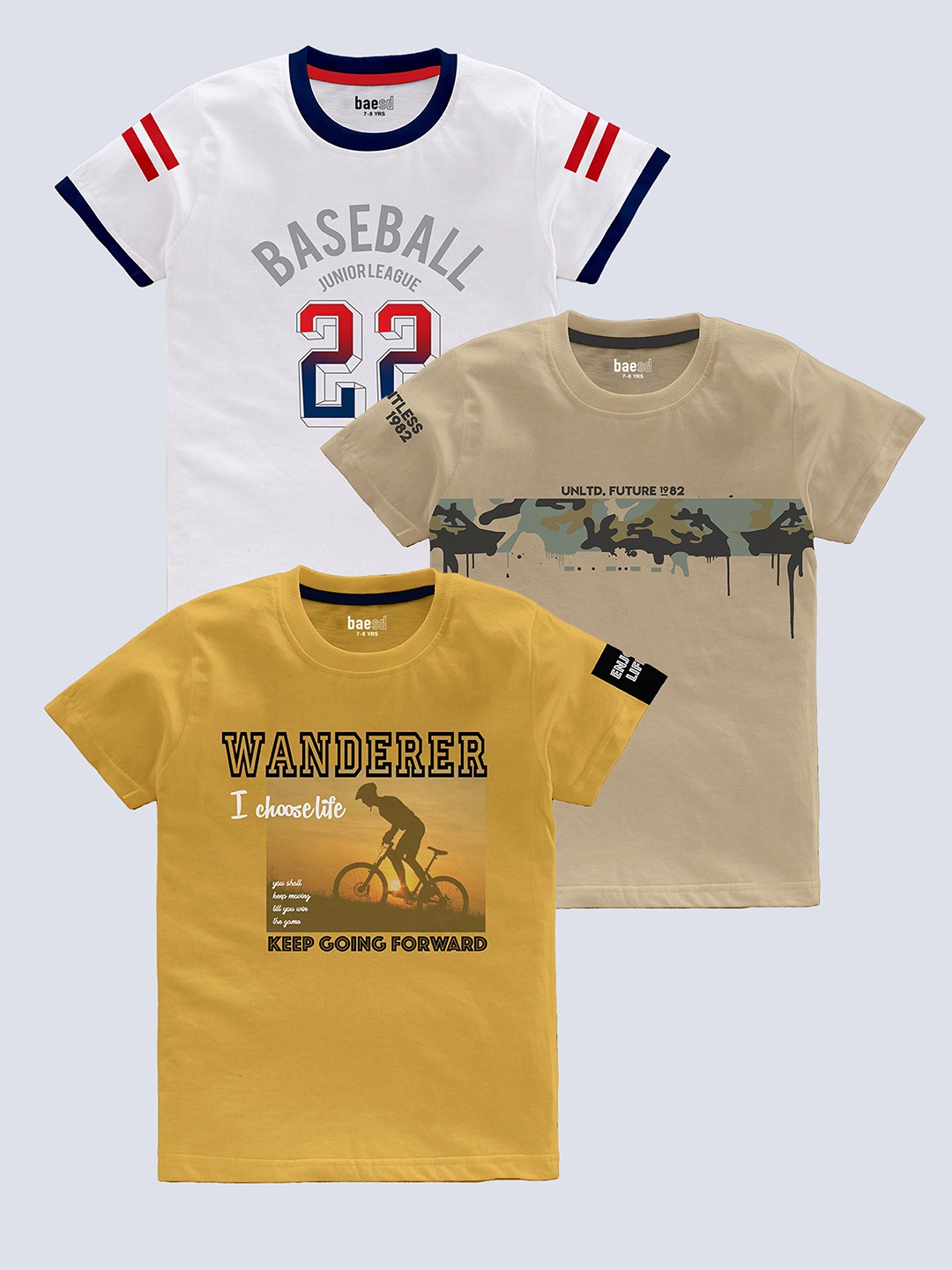 

BAESD Boys Pack Of 3 Typography Printed Pure Cotton Casual T-shirt, Beige