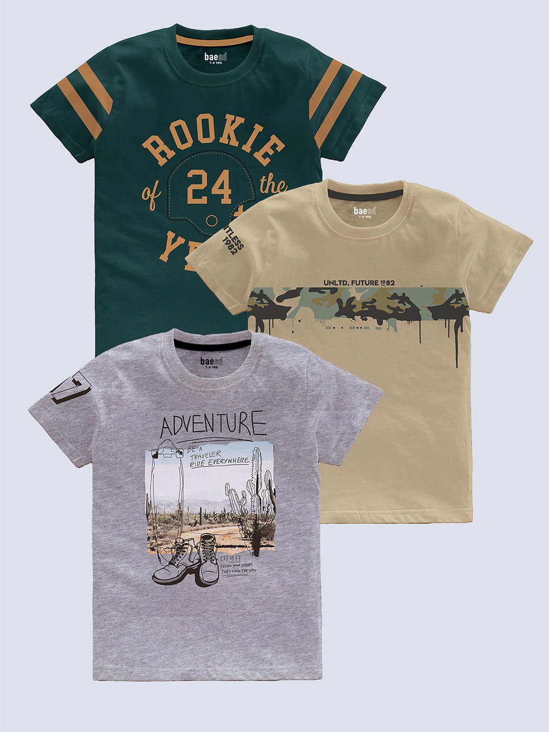 

BAESD Boys Pack of 3 Typography Printed Pure Cotton T-shirts, Brown
