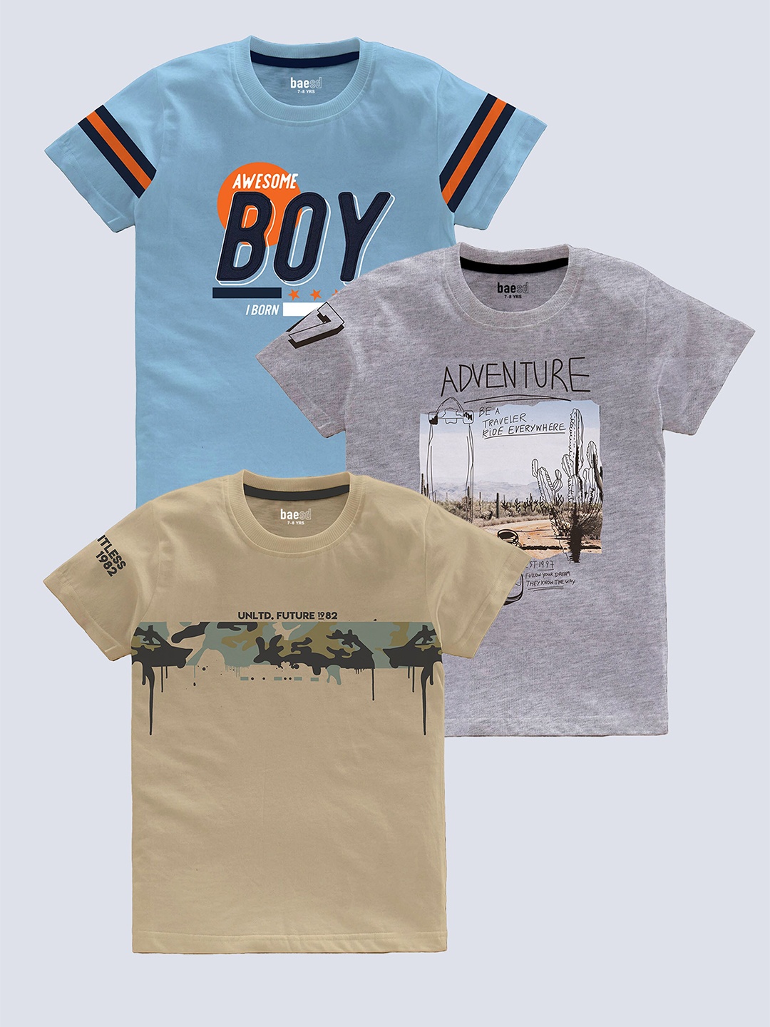 BAESD Boys Pack Of 3 Typography Printed Pure Cotton T-shirt, Beige