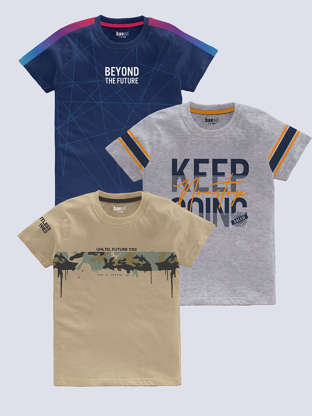 

BAESD Boys Pack Of 3 Typography Printed Round Neck Cotton T-shirts, Blue