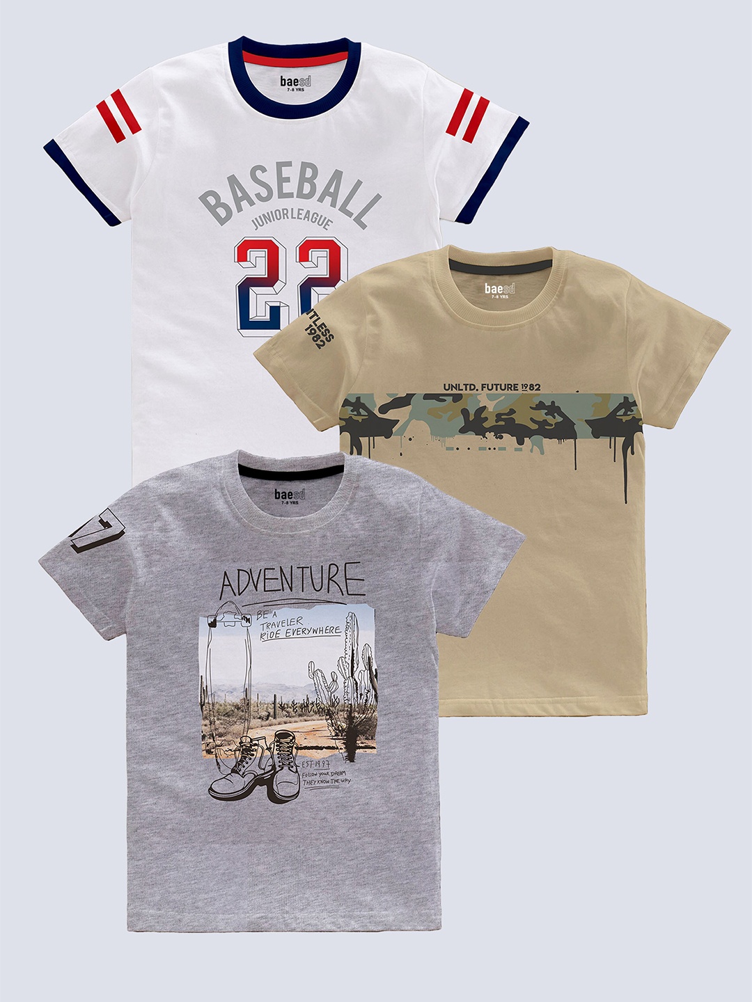 

BAESD Boys Pack Of 3 Typography Printed Pure Cotton T-shirt, Beige