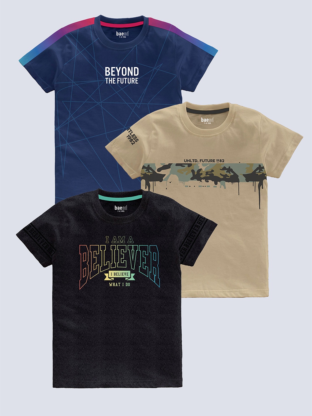 

BAESD Boys Pack Of 3 Printed Cotton T-shirt, Navy blue