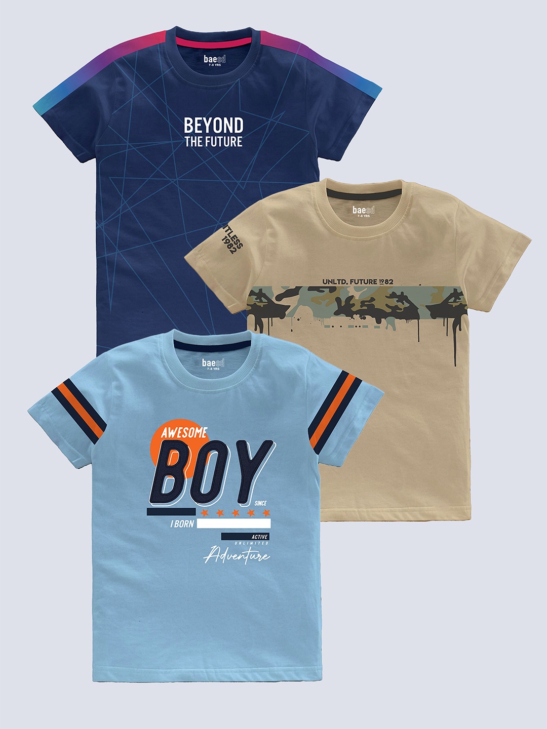 BAESD Boys Pack Of 3 Printed Round Neck Cotton T-shirt, Blue