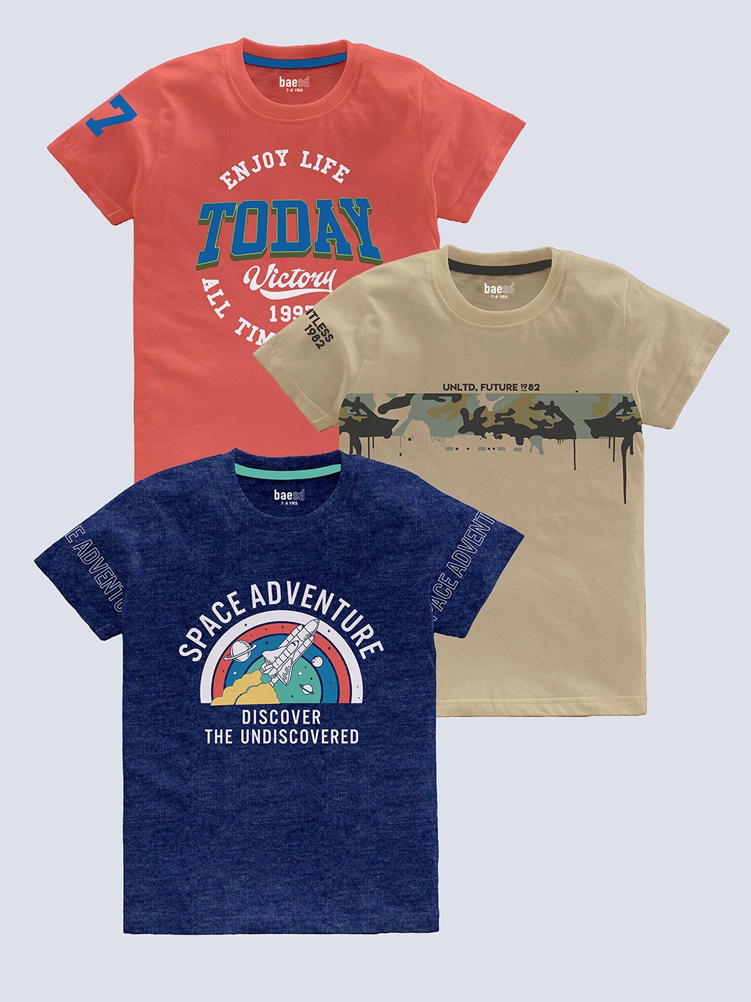 

BAESD Boys Pack Of 3 Typography Printed Cotton T-Shirt, Beige