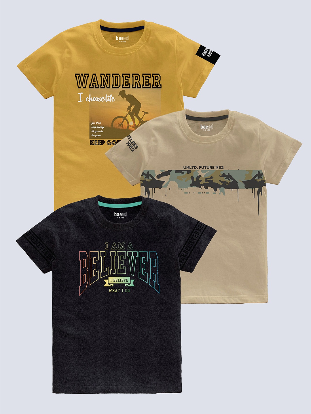 

BAESD Boys Pack Of 3 Typography Printed Pure Cotton T-shirt, Beige