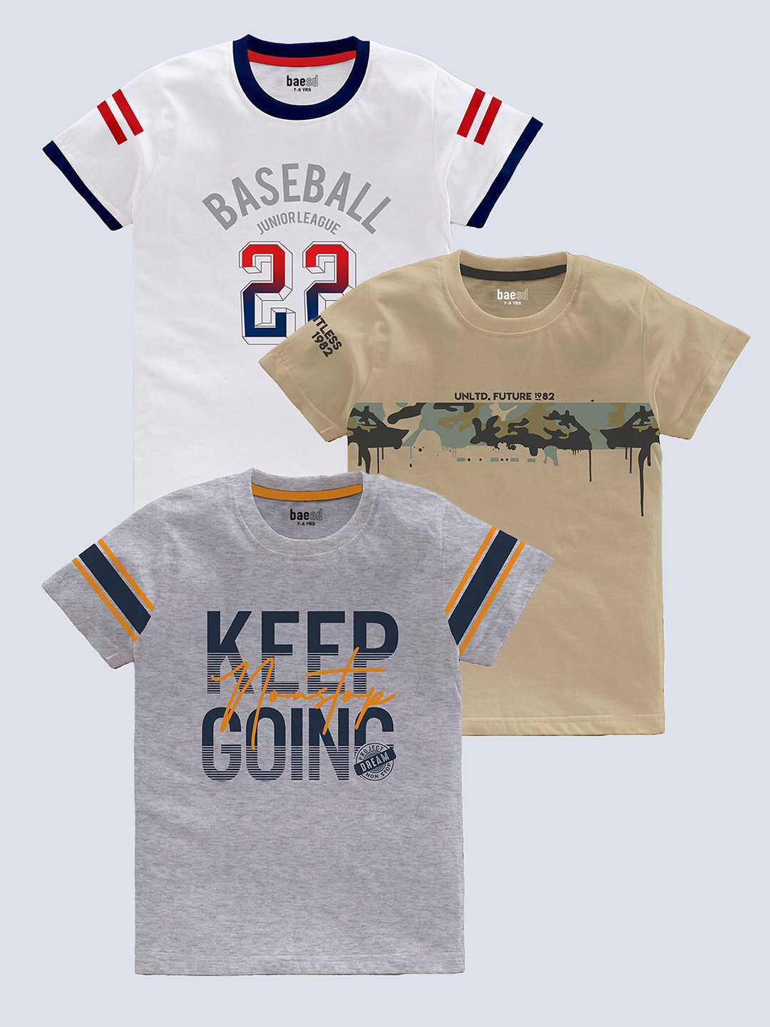 

BAESD Boys Pack Of 3 Typography Printed Pure Cotton T-shirt, Beige
