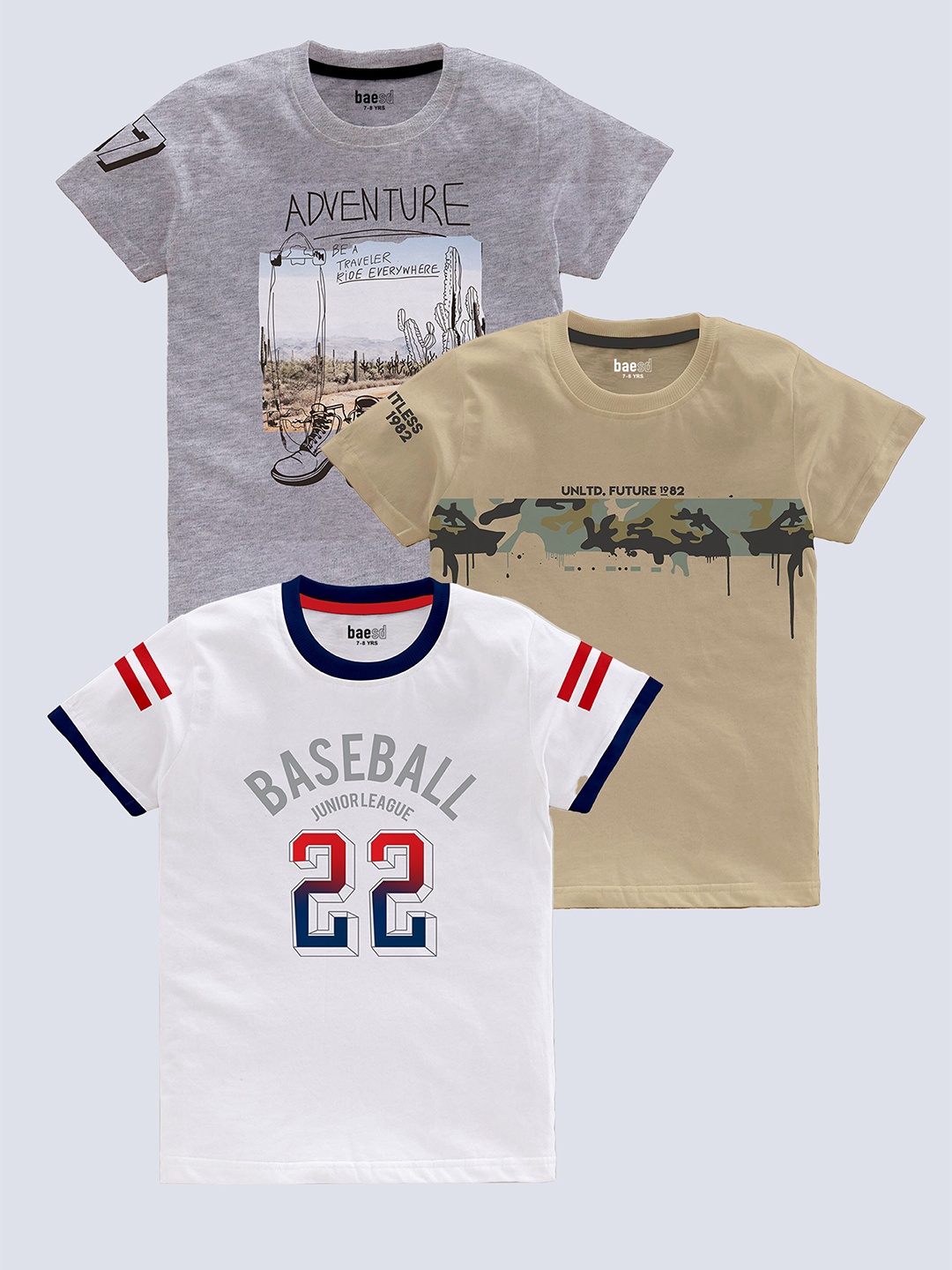 

BAESD Boys Pack of 3 Typography Printed Pure Cotton T-shirts, Brown