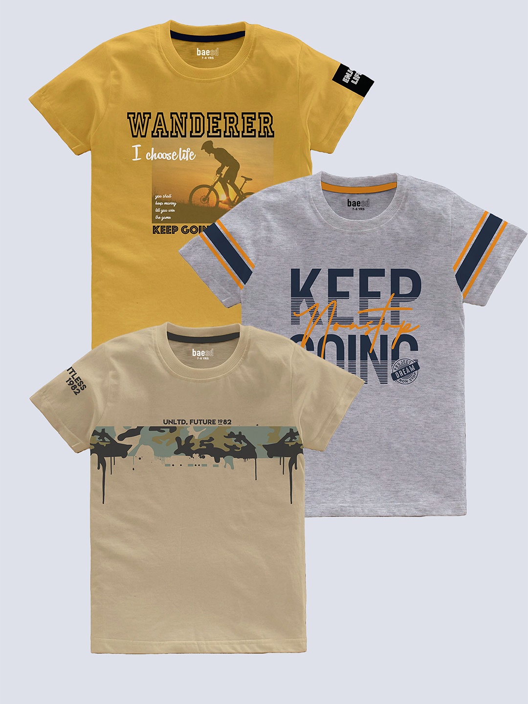 

BAESD Boys Pack Of 3 Typography Printed Pure Cotton T-shirt, Beige