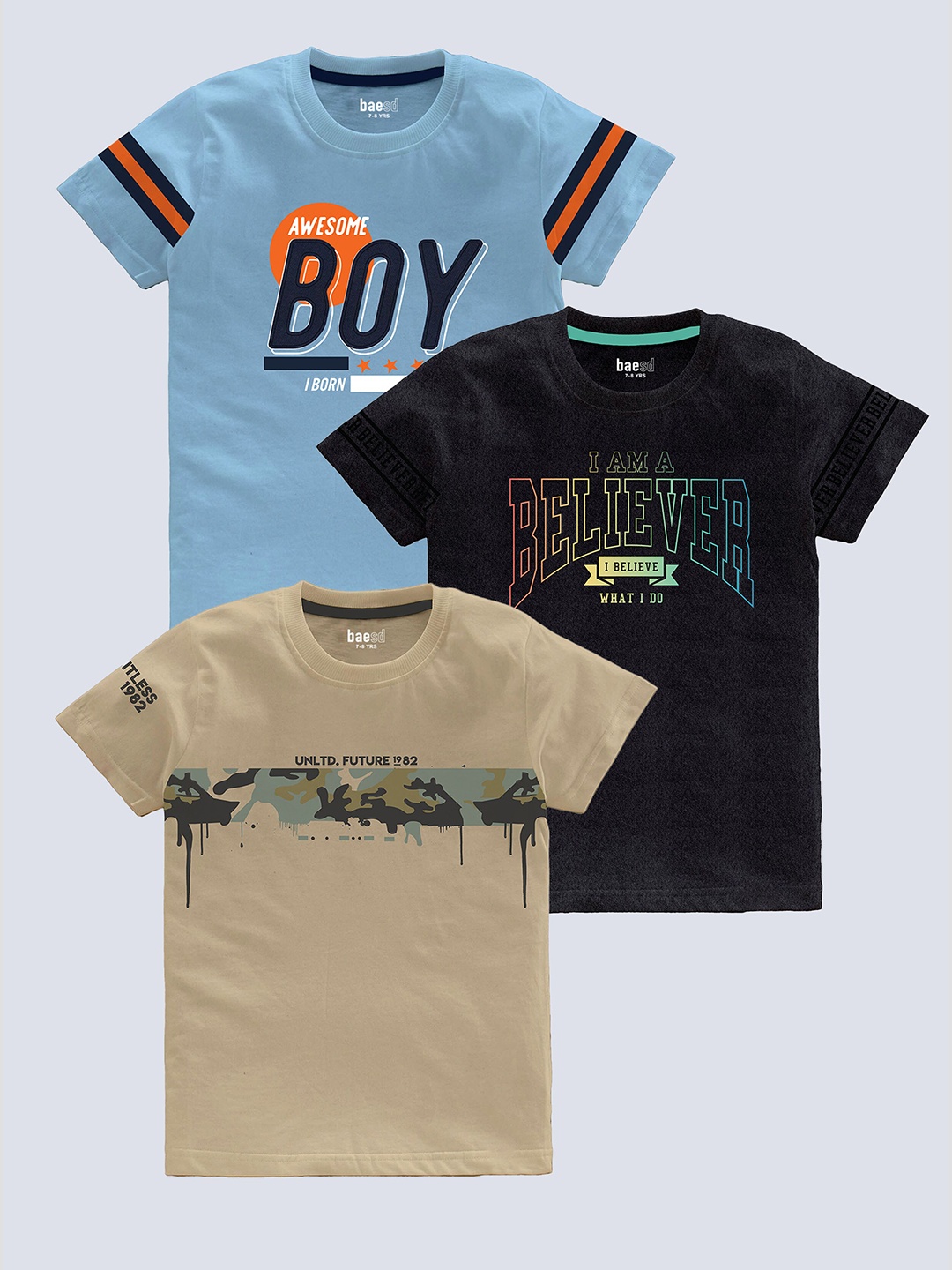 BAESD Boys Pack Of 3 Typography Printed Pure Cotton T-shirt, Beige