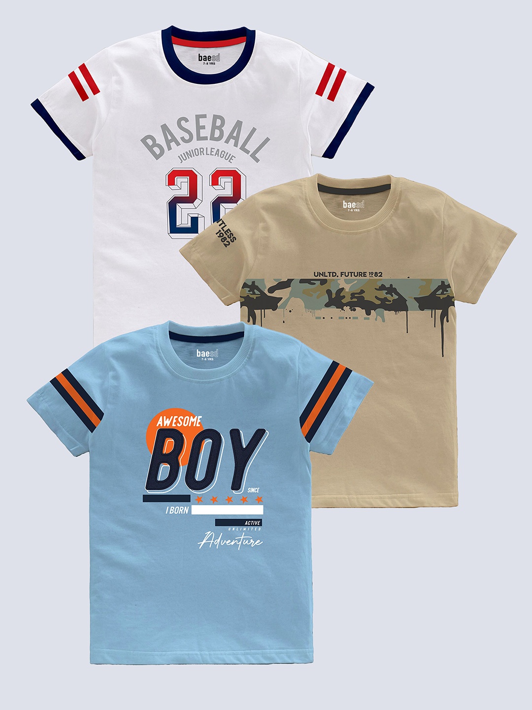

BAESD Boys Pack Of 3 Typography Printed Pure Cotton T-shirt, Beige