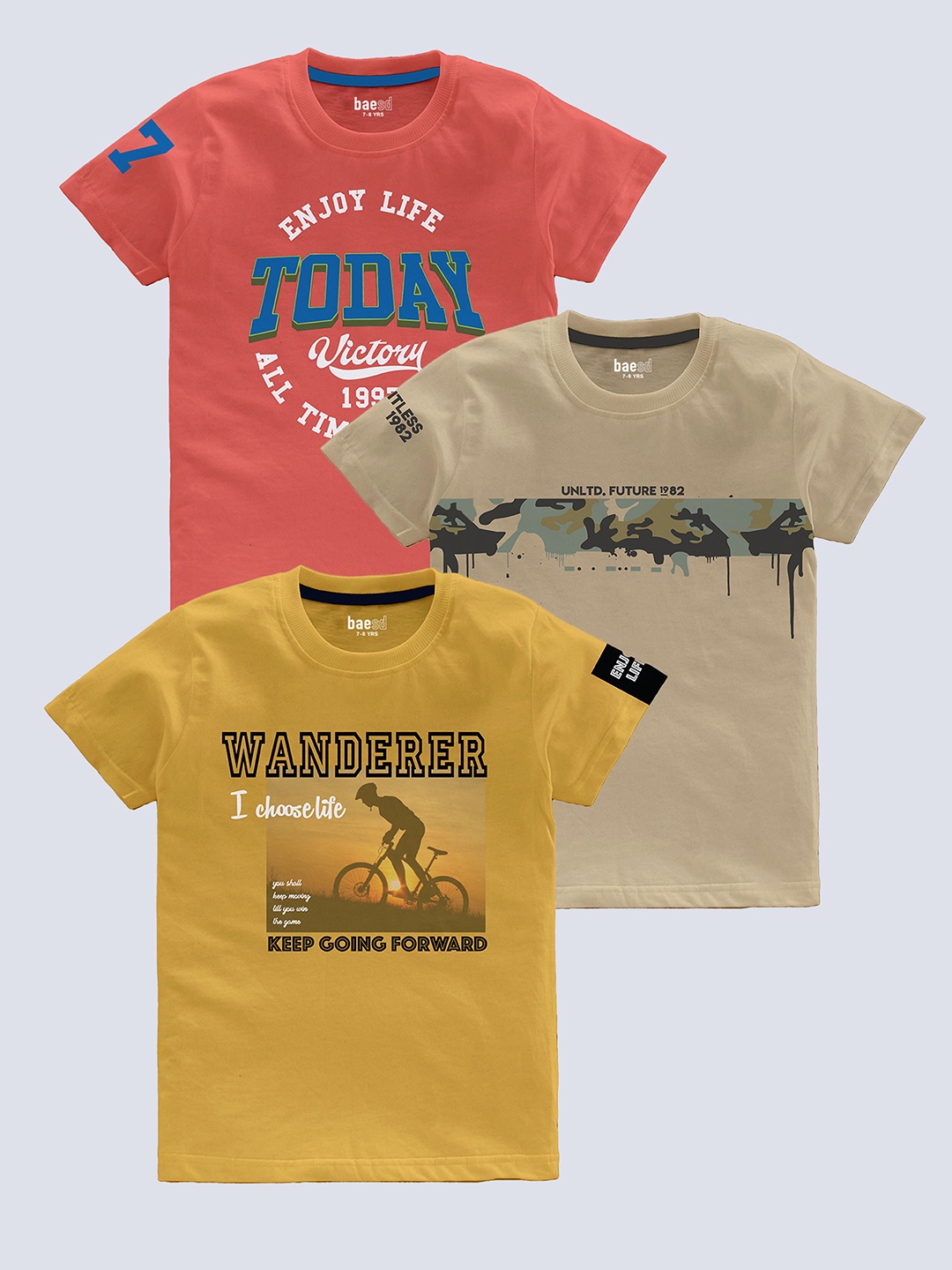 

BAESD Boys Pack Of 3 Typography Printed Pure Cotton T-shirt, Yellow