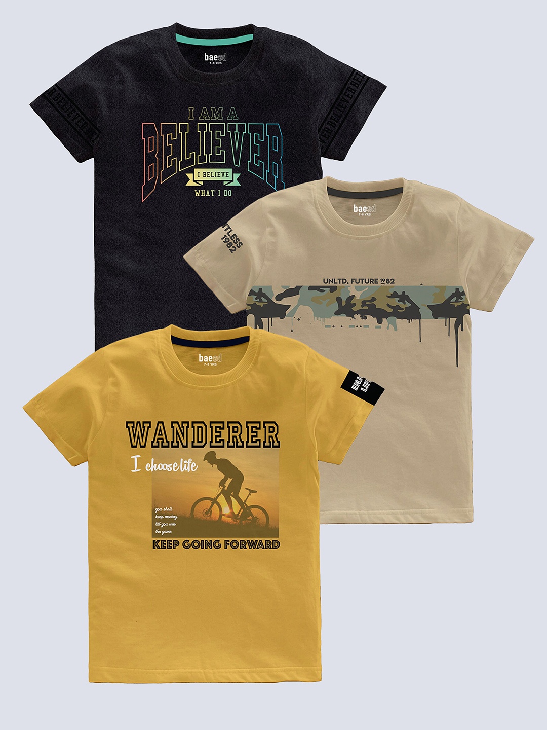 

BAESD Boys Pack Of 3 Typography Printed Pure Cotton T-shirt, Beige