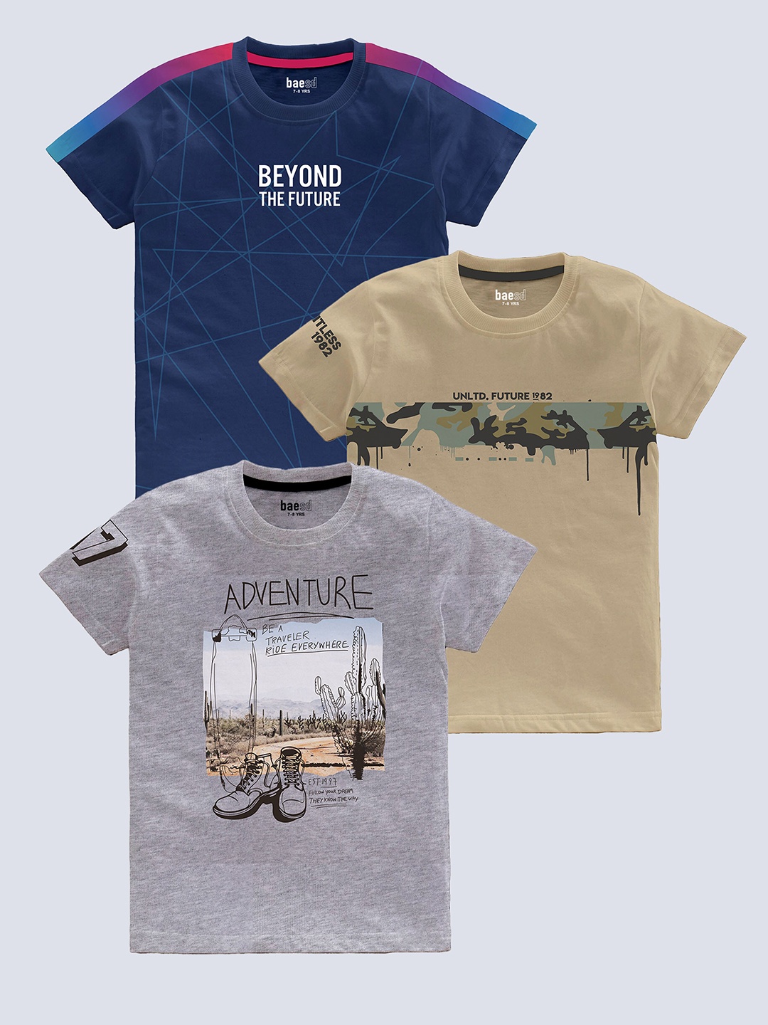 

BAESD Boys Pack Of 3 Typography Printed Pure Cotton T-shirt, Blue