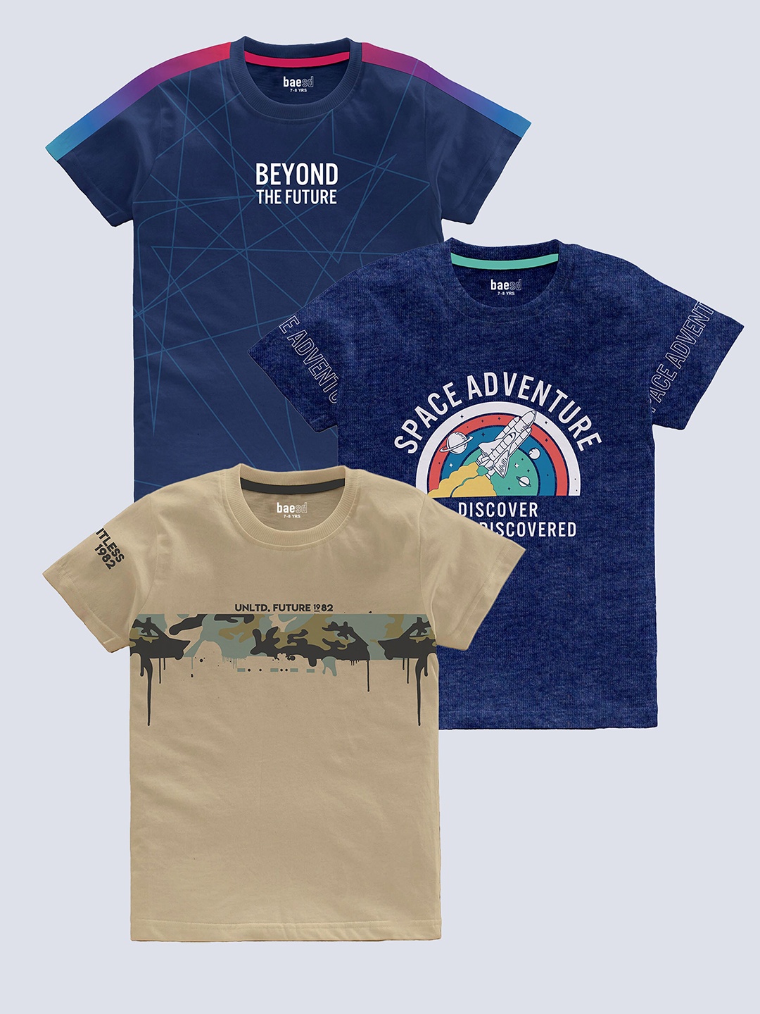 

BAESD Boys Pack Of 3 Typography Printed Cotton T-Shirt, Beige