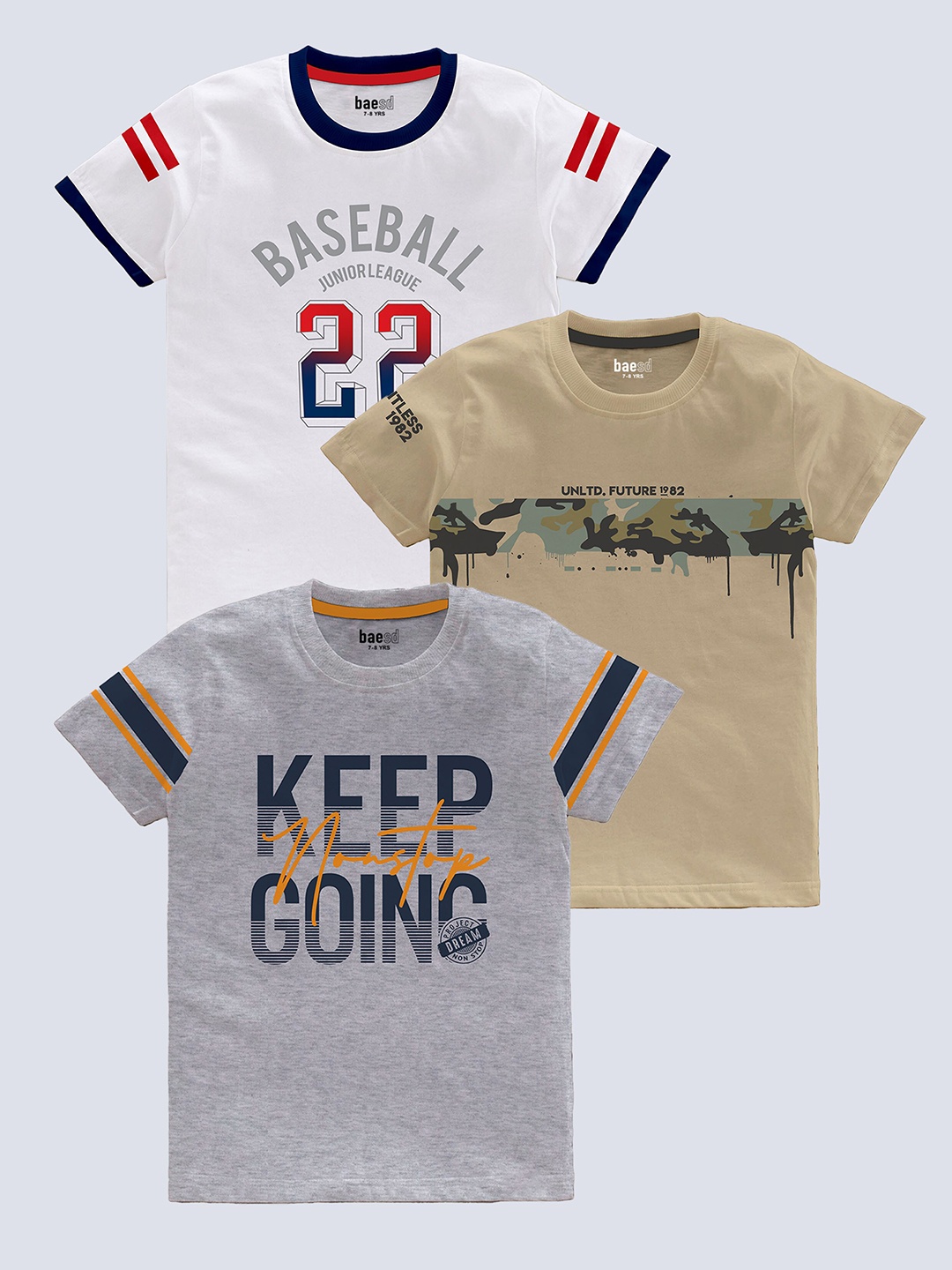 

BAESD Boys Pack Of 3 Printed Round Neck Cotton T-shirt, Grey