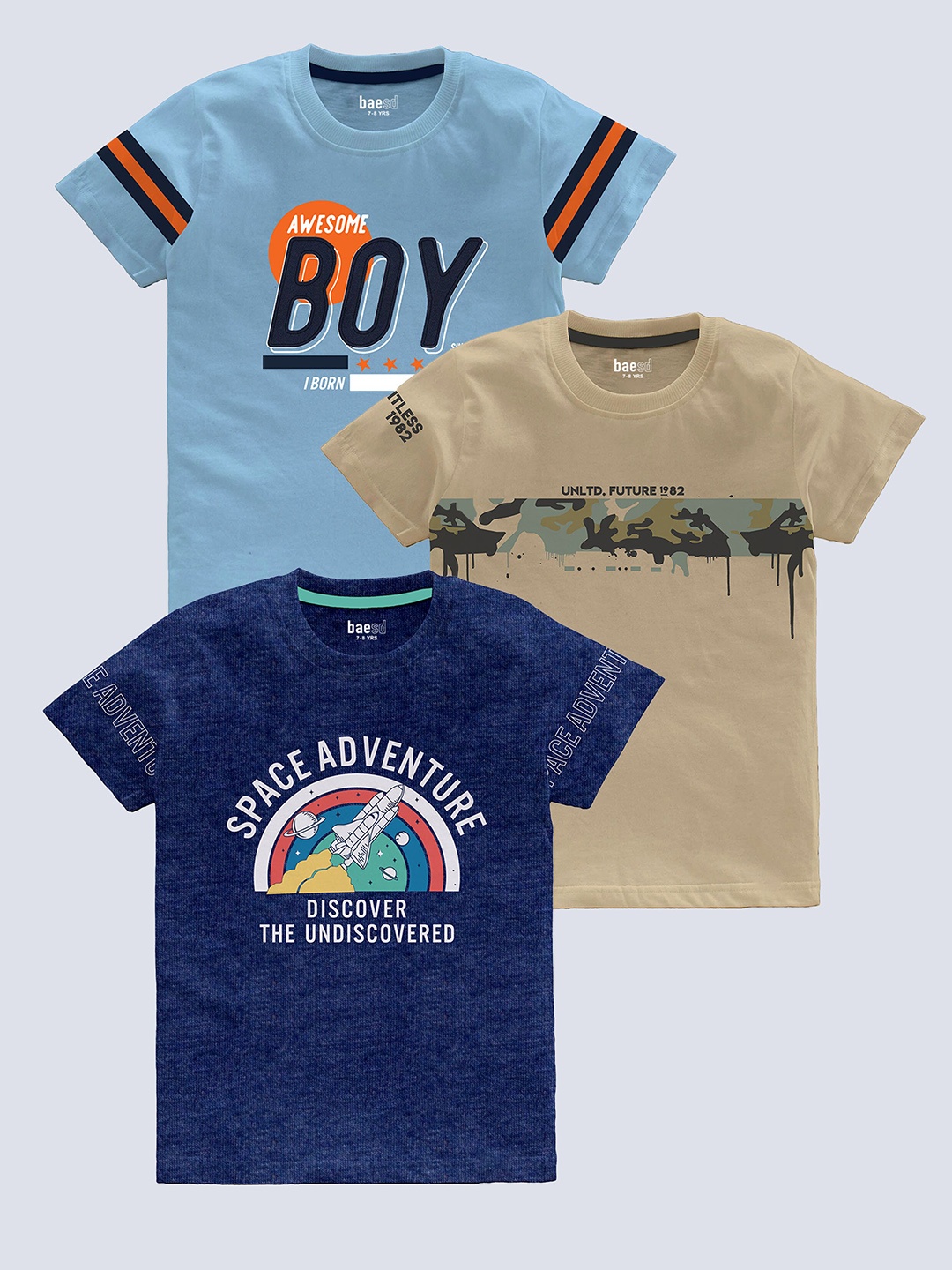 BAESD Boys Pack Of 3 Typography Printed Pure Cotton T-shirt, Beige
