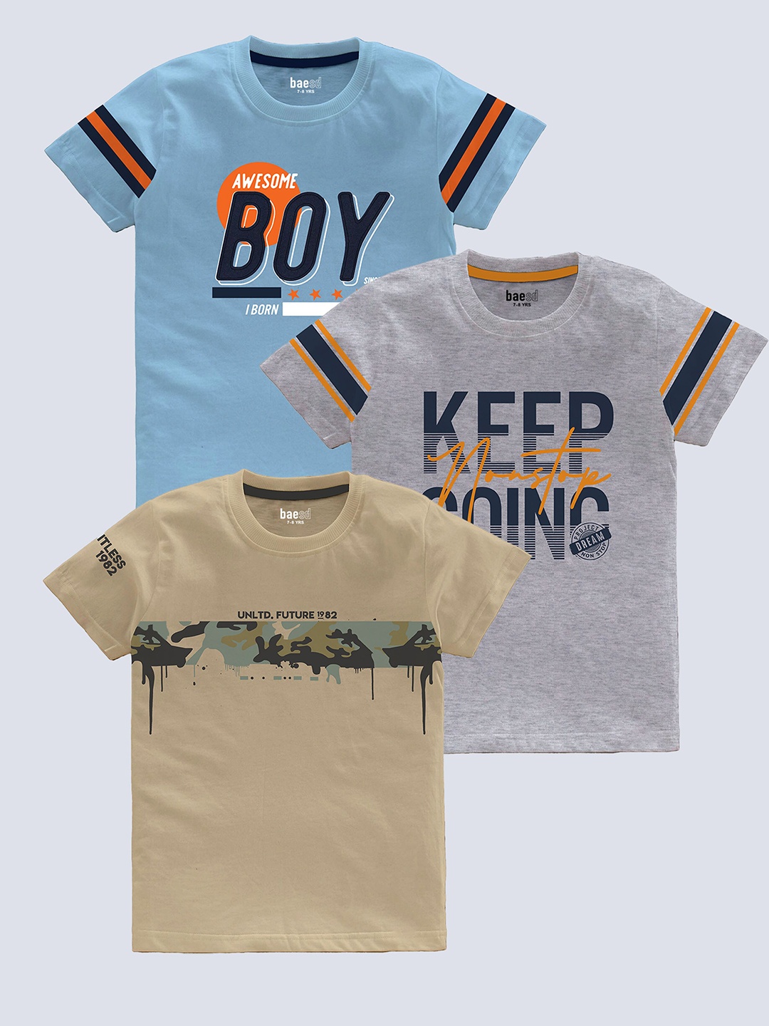 

BAESD Boys Pack Of 3 Typography Printed Cotton T-Shirt, Blue