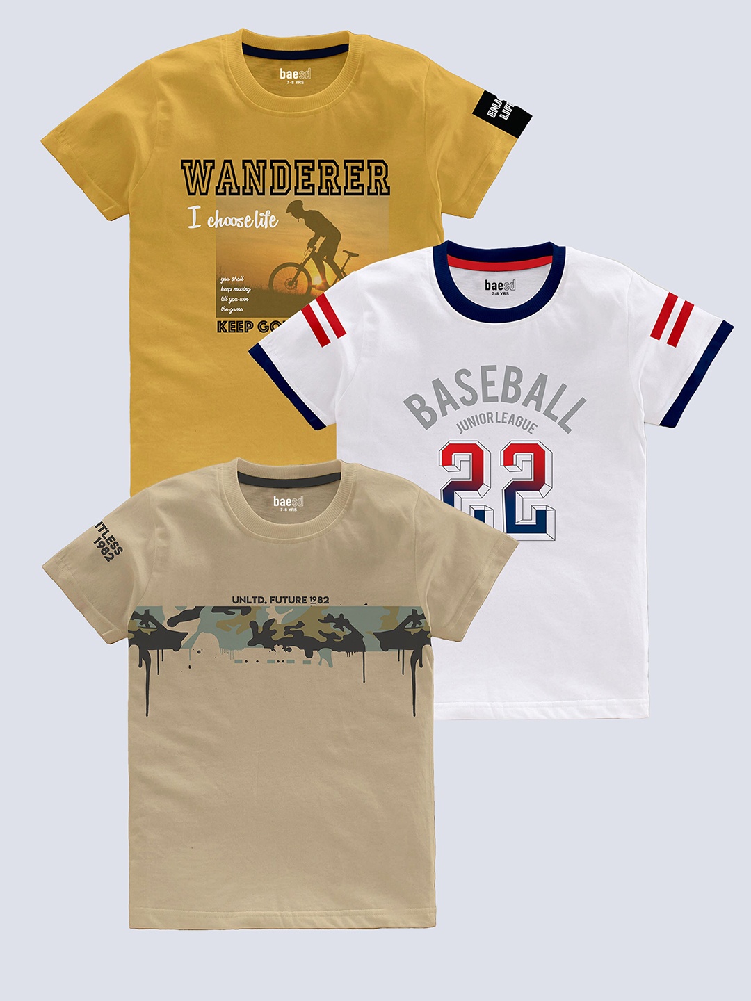 BAESD Boys Pack Of 3 Typography Printed Pure Cotton T-shirt, Beige