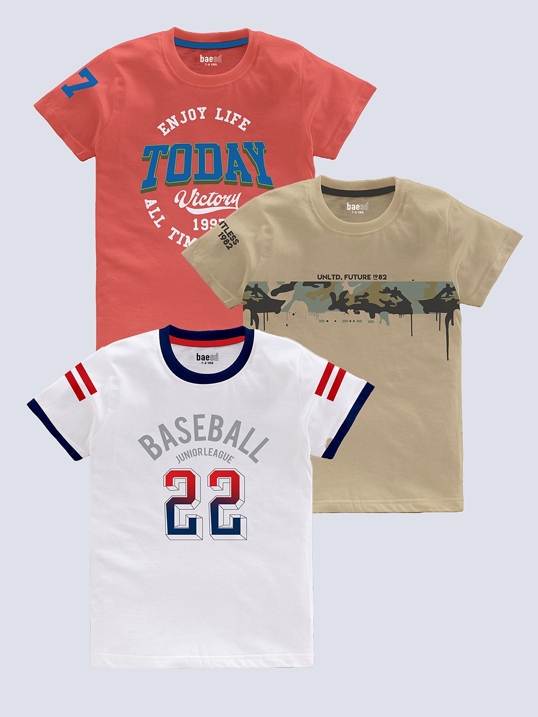 

BAESD Boys Pack of 3 Typography Printed Pure Cotton T-shirts, Brown