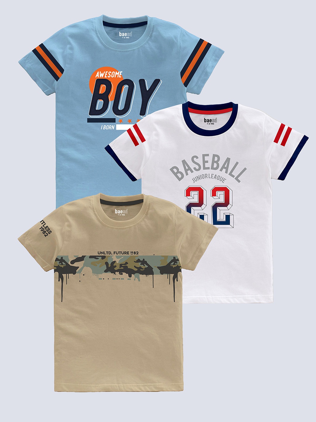 

BAESD Boys Pack Of 3 Printed Pure Cotton T-shirts, Blue