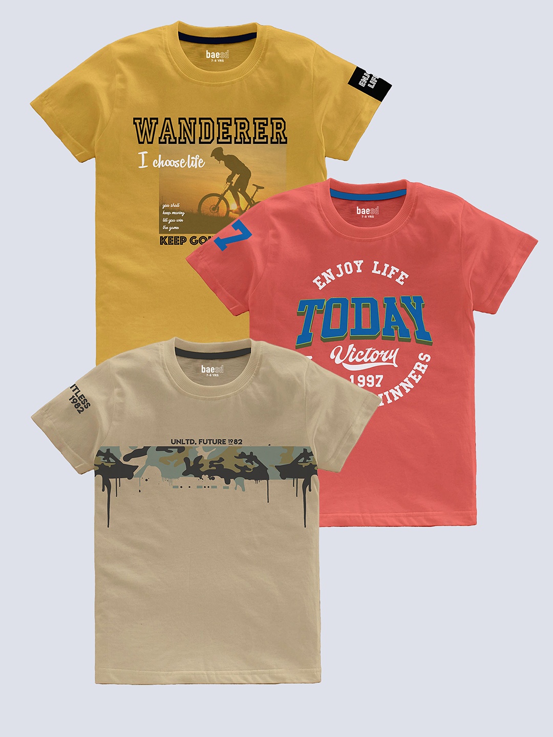 

BAESD Boys Pack Of 3 Graphic Printed Short Sleeves Round Neck Pure Cotton T-Shirt, Yellow