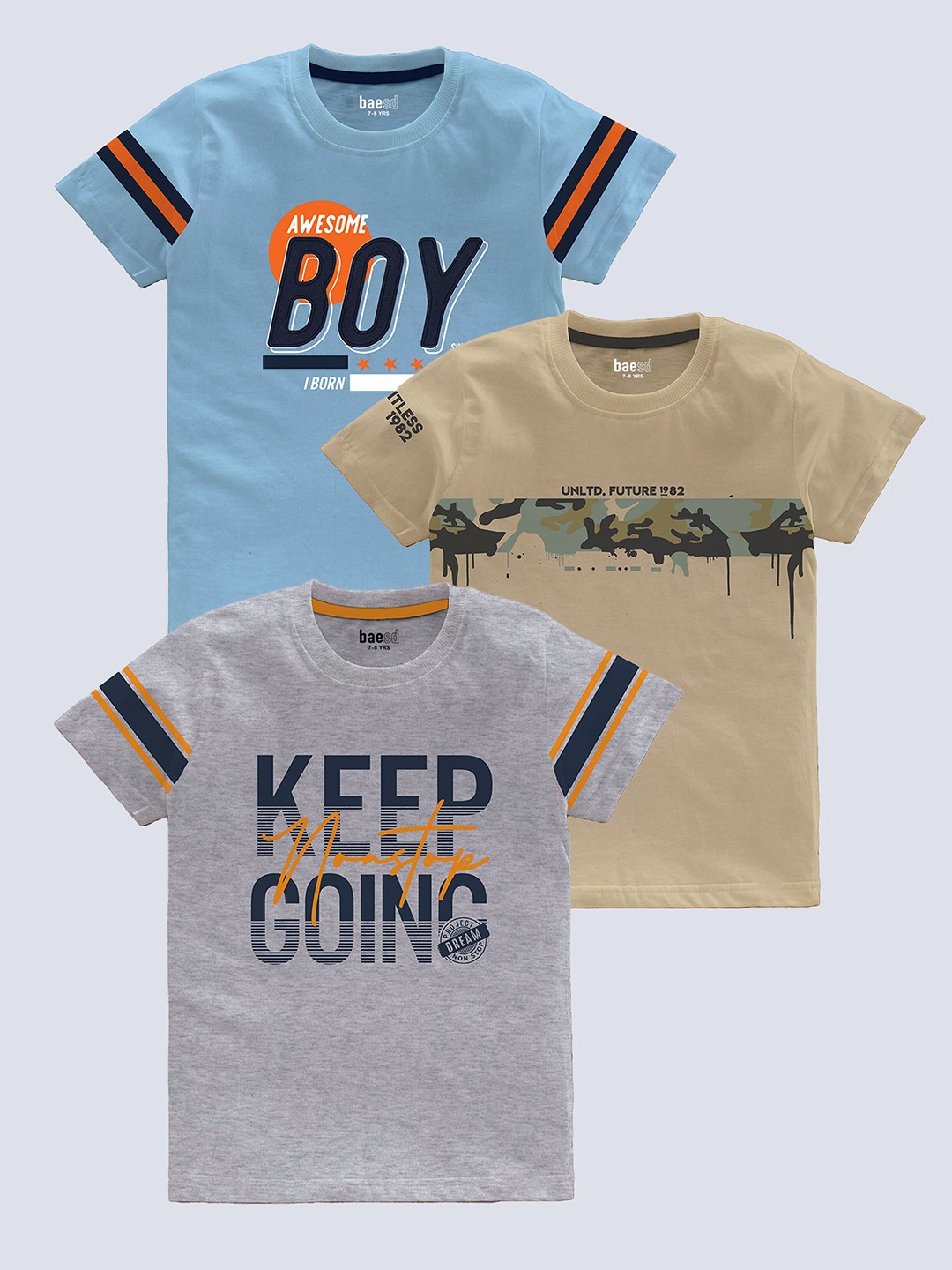 BAESD Boys Pack of 3 Typography Printed Pure Cotton T-shirt, Beige