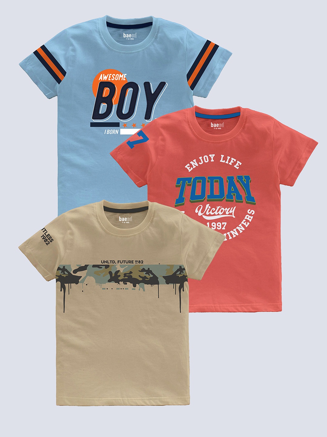 

BAESD Boys Pack Of 3 Typography Printed Pure Cotton T-shirt, Beige
