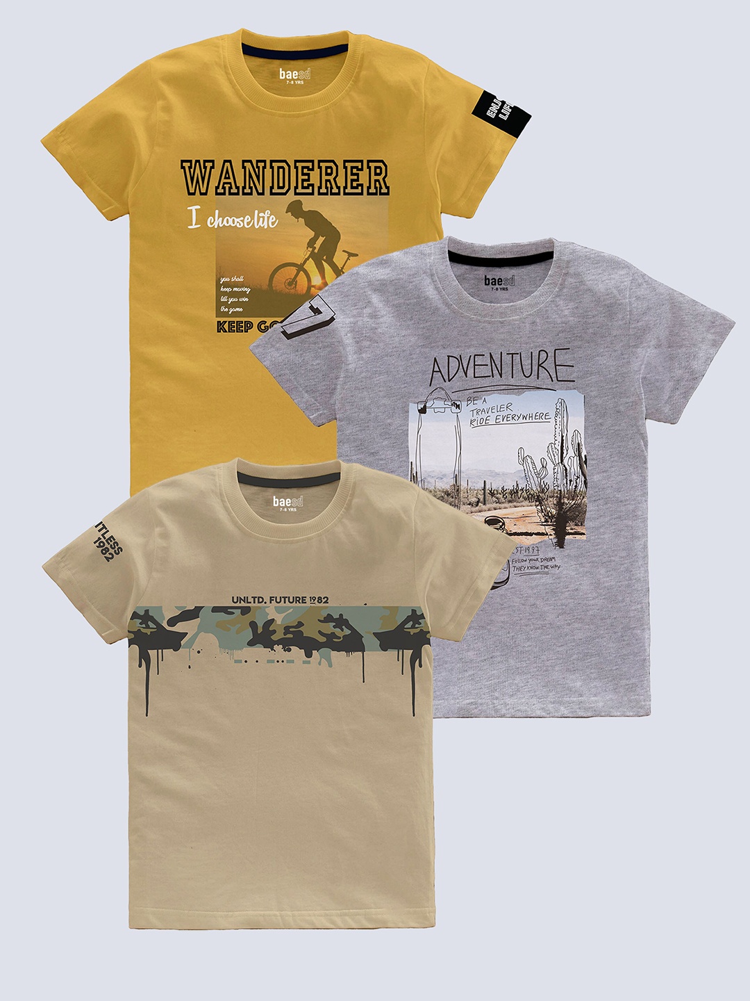 

BAESD Boys Pack Of 3 Printed Pure Cotton T-shirts, Yellow