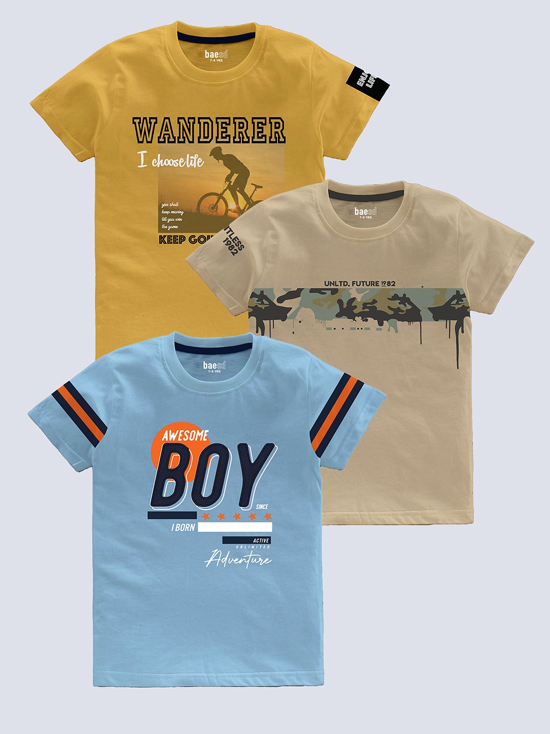 

BAESD Boys Pack of 3 Typography Printed Pure Cotton T-shirts, Mustard