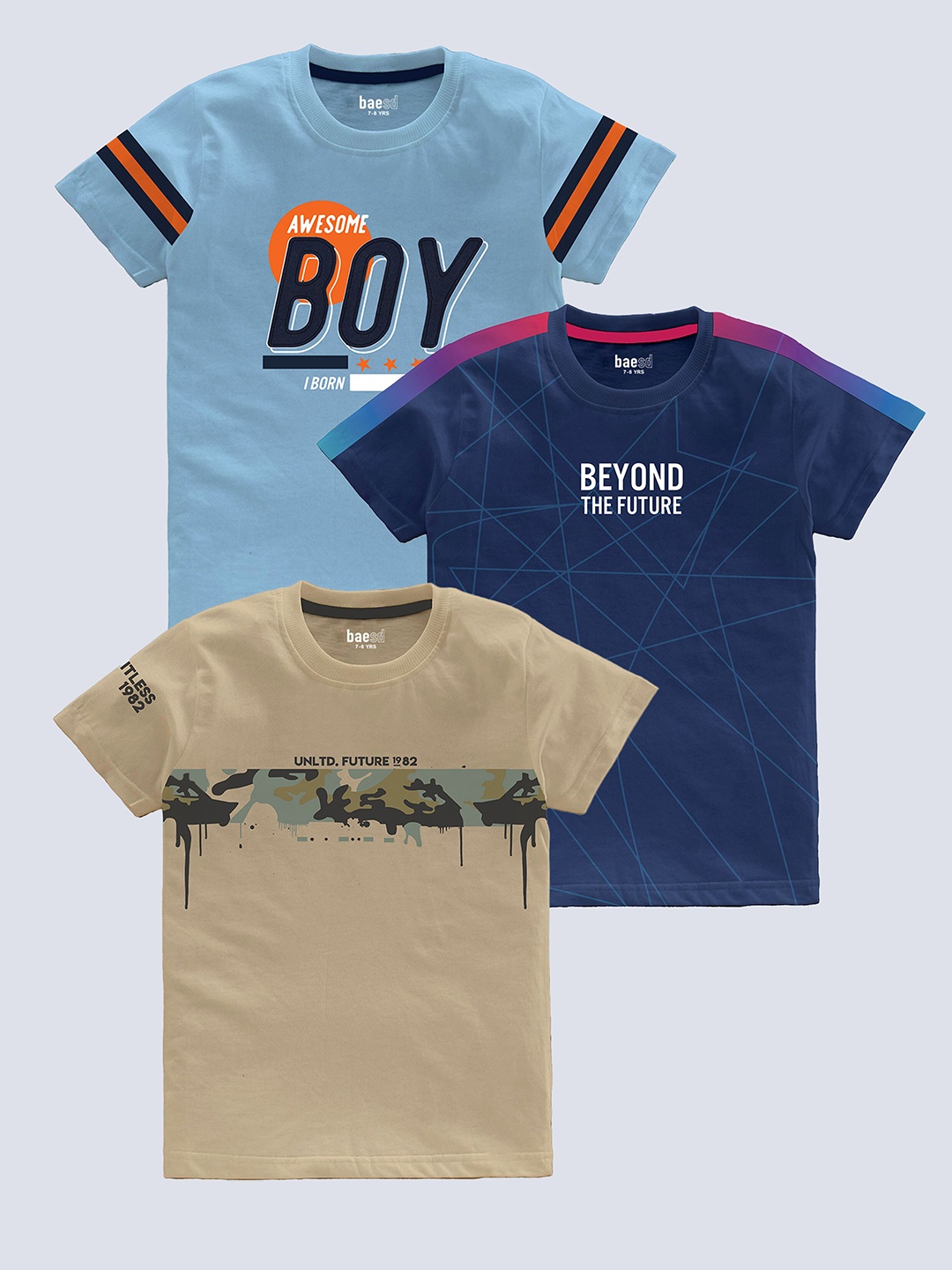 

BAESD Boys Pack Of 3 Typography Printed Cotton T-Shirt, Blue