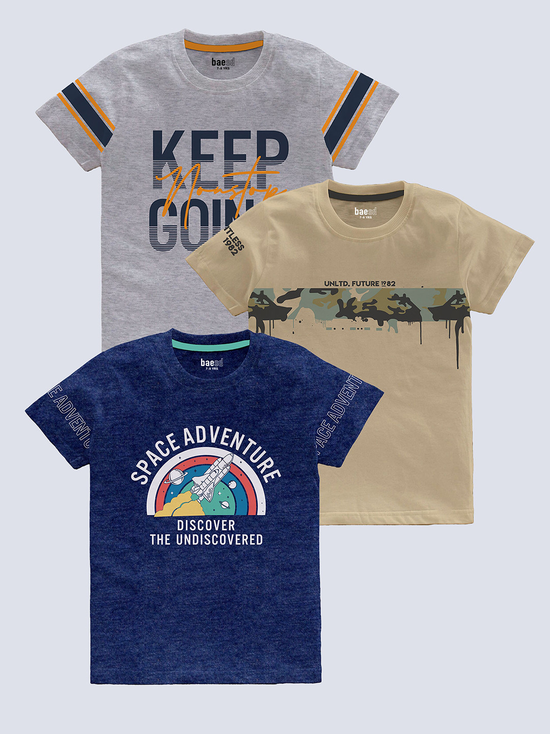 

BAESD Boys Pack of 3 Typography Printed Pure Cotton T-shirt, Beige