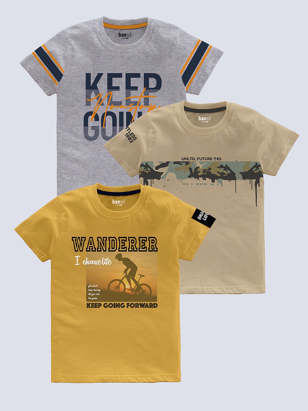 BAESD Boys Pack of 3 Typography Printed Pure Cotton T-shirt, Beige