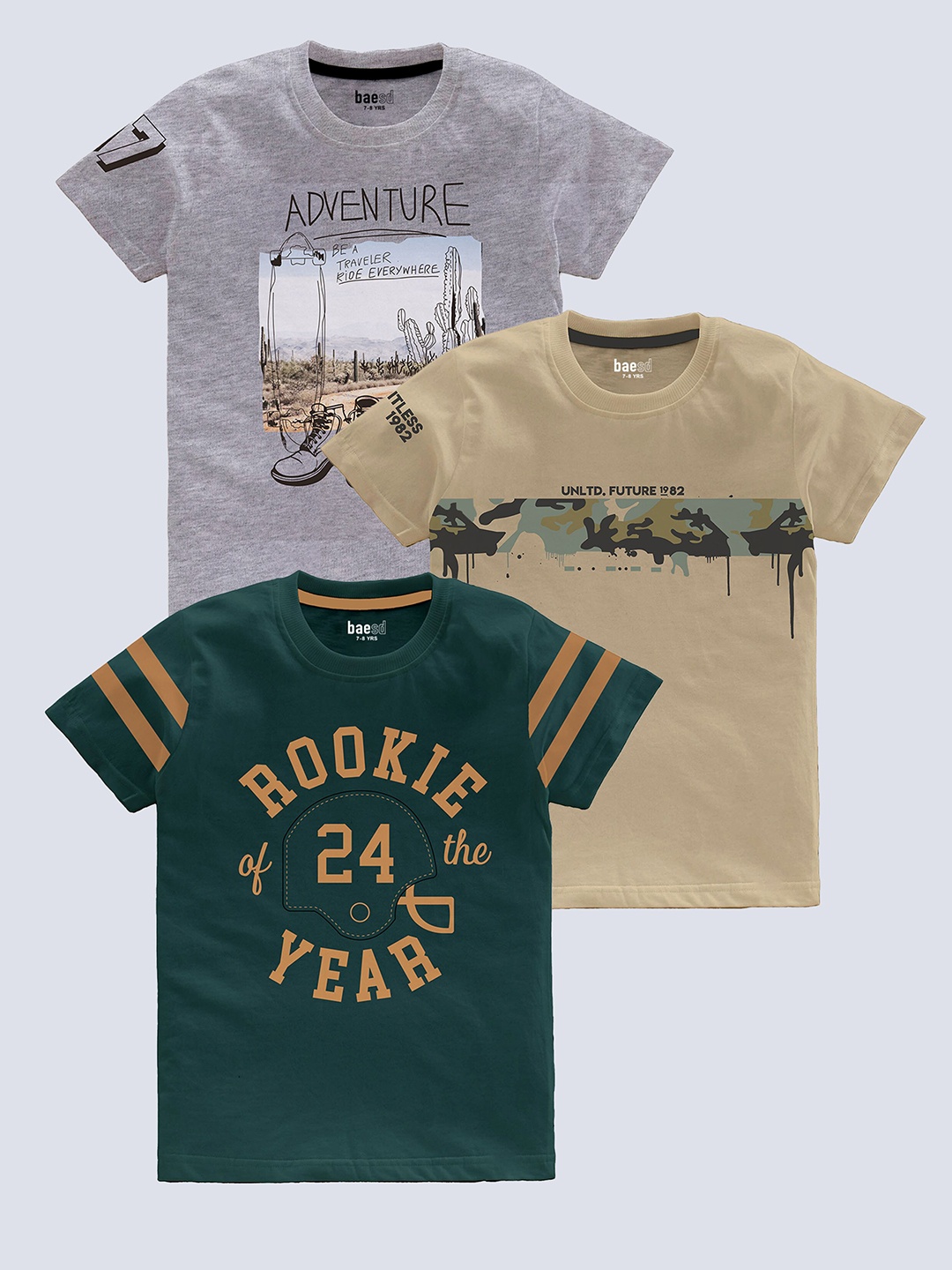 

BAESD Boys Pack of 3 Typography Printed Pure Cotton T-shirts, Brown