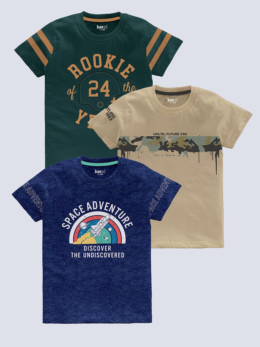 

BAESD Boys Pack Of 3 Printed Round Neck Cotton T-shirt, Green