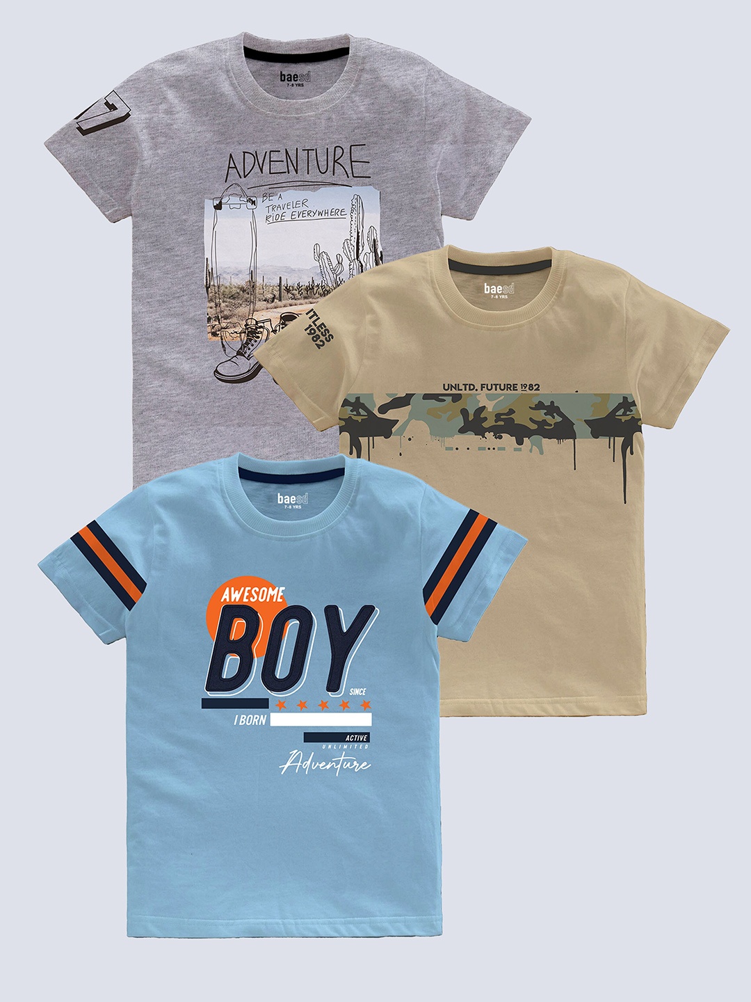 

BAESD Boys Pack Of 3 Printed Pure Cotton T-shirts, Blue