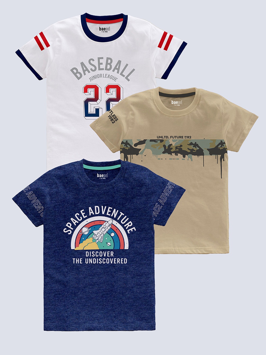 

BAESD Boys Pack Of 3 Printed Short Sleeves Round Neck Pure Cotton T-Shirt, White