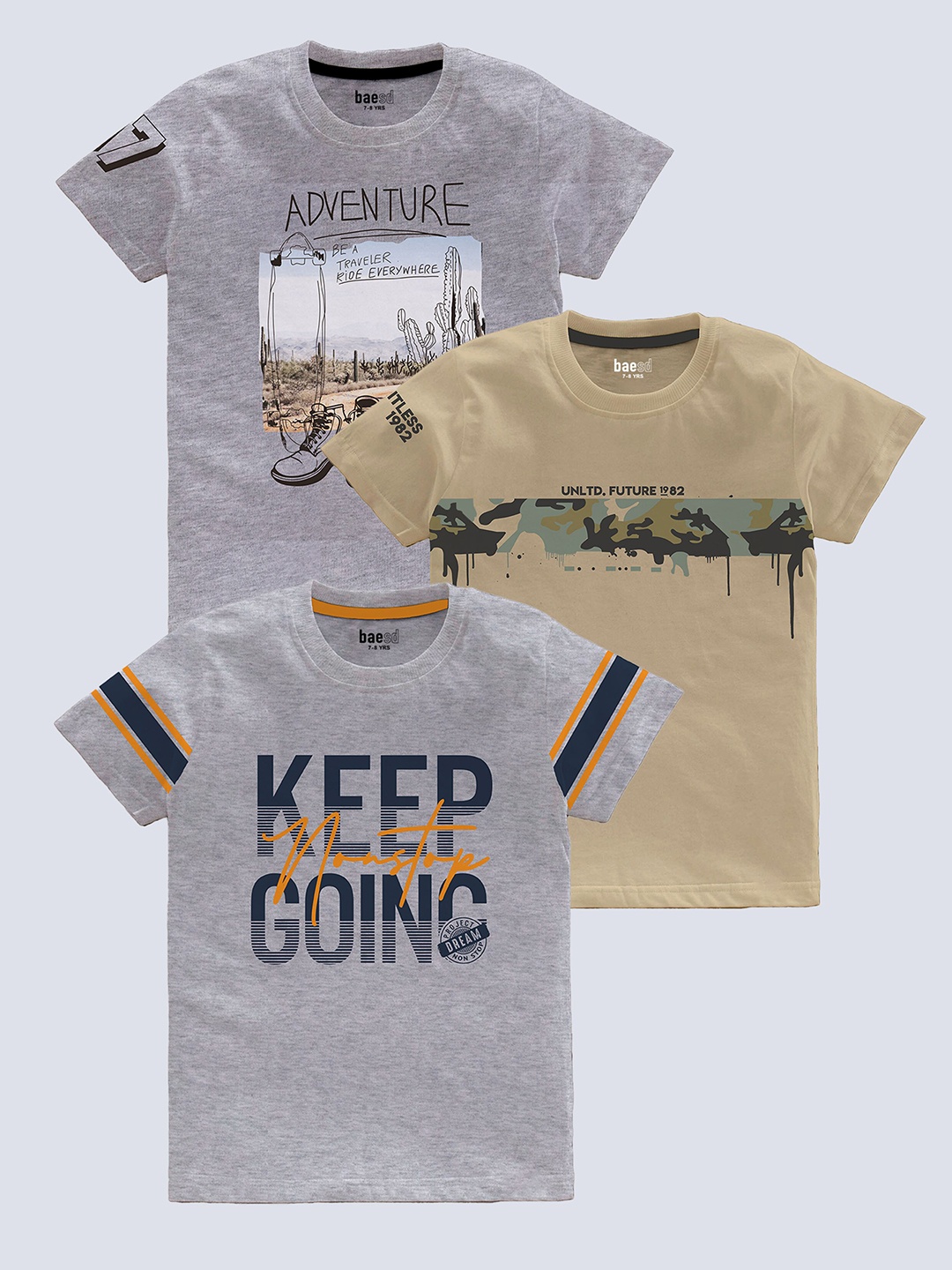 

BAESD Boys Pack Of 3 Printed Pure Cotton T-shirt, Grey