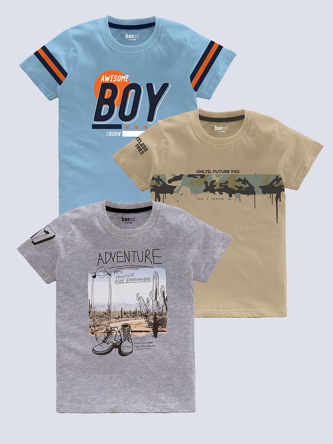 BAESD Boys Pack Of 3 Typography Printed Pure Cotton T-shirt, Blue