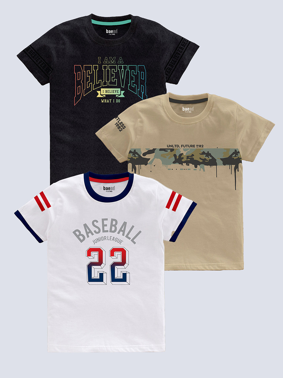 

BAESD Boys Pack Of 3 Typography Printed Cotton T-Shirt, Beige
