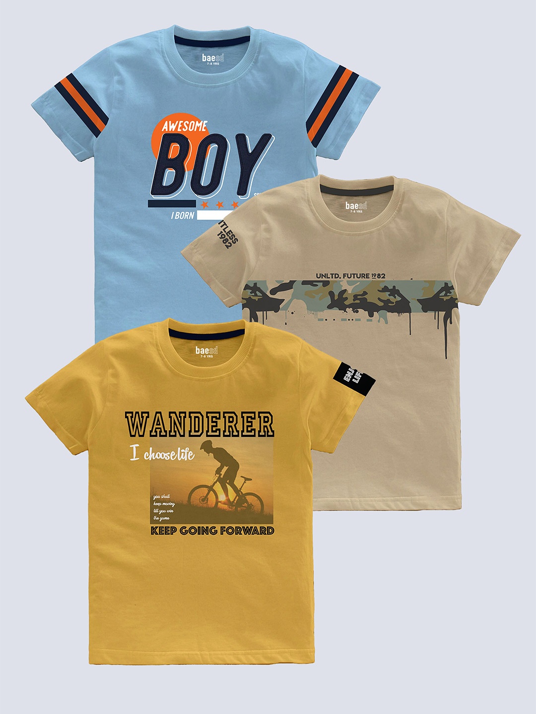 

BAESD Boys Pack Of 3 Typography Printed Pure Cotton T-shirt, Blue
